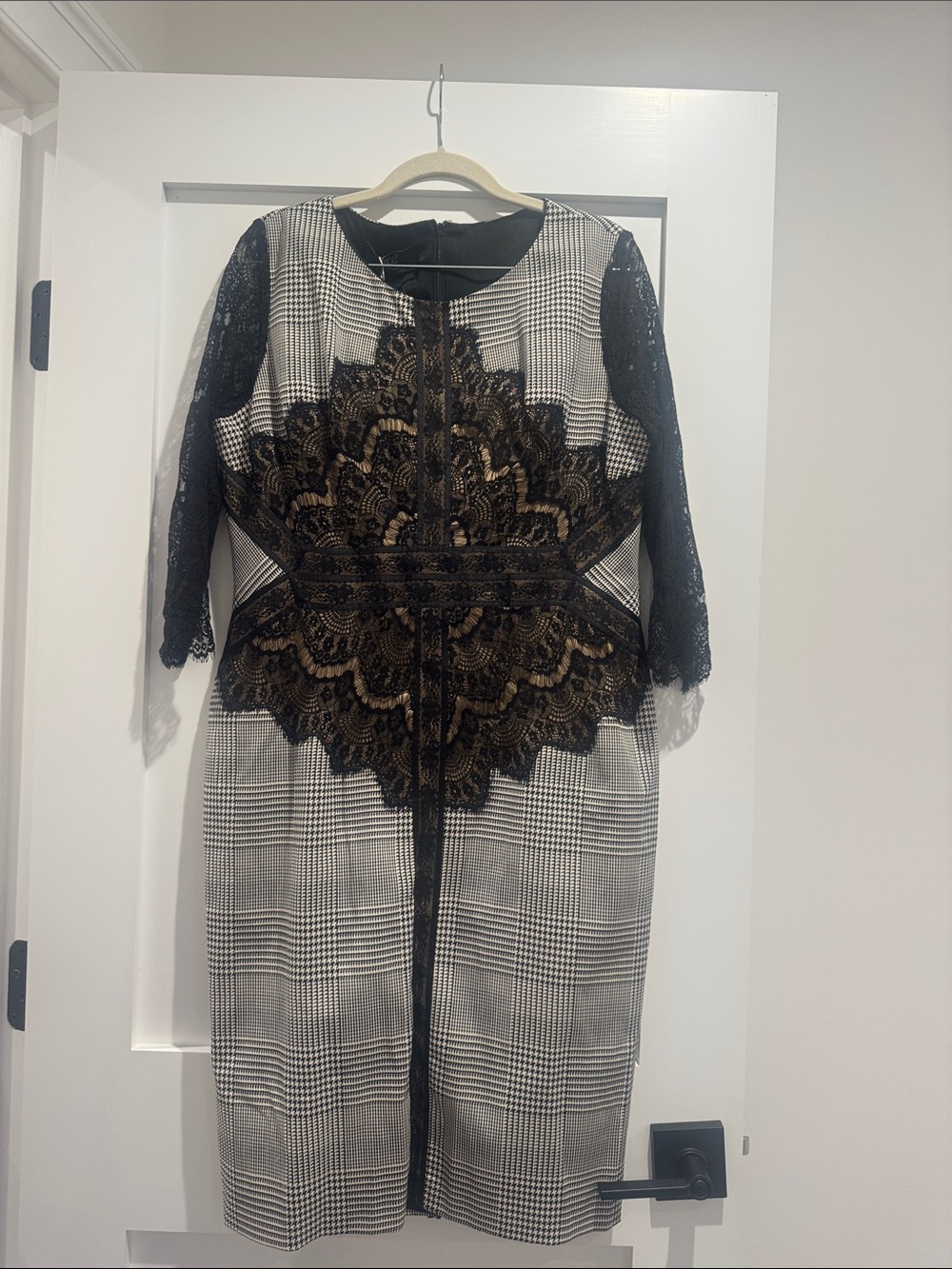 Clips Black Lace-Trim Plaid Midi Dress
